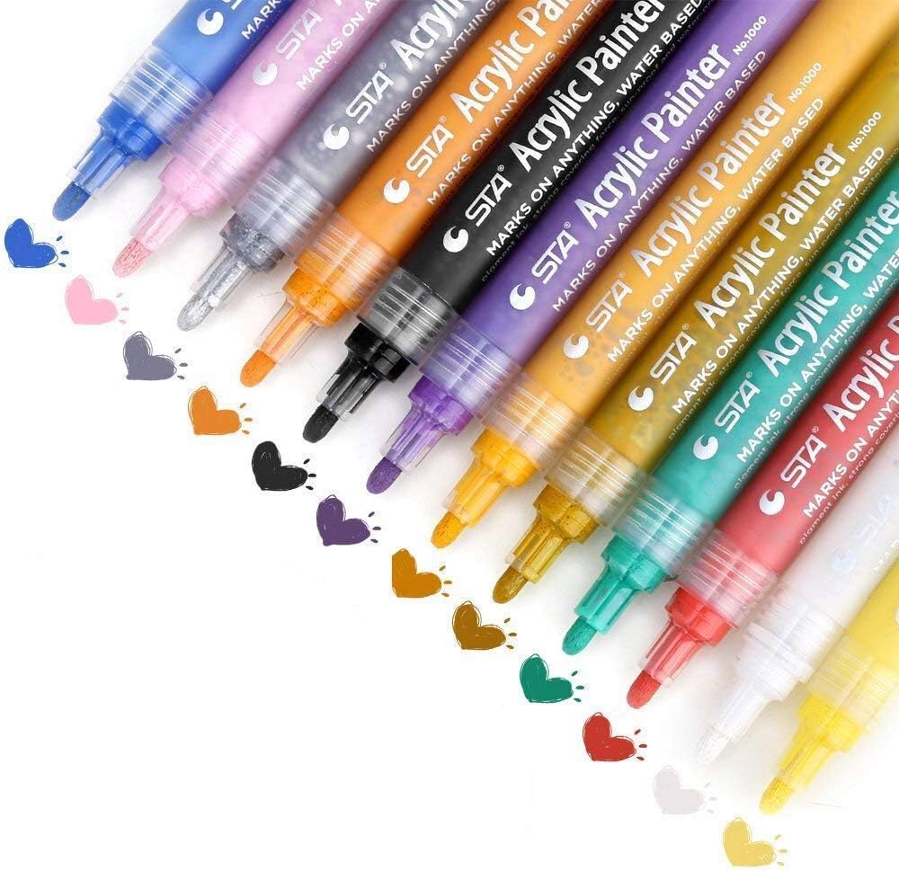 Newdoer Acrylic Paint Marker Pens for Rock Painting, Fabrics, Mug Design, Glass, Ceramics & Porcelain, Wood, Canvas, Metal. Premium Quality Paints Set of 12 Colours, Medium Point