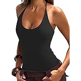 REORIA Bodysuits for Women Sexy Halter Tie Back Deep U Neck Bodysuit Backless Cami Tank Top