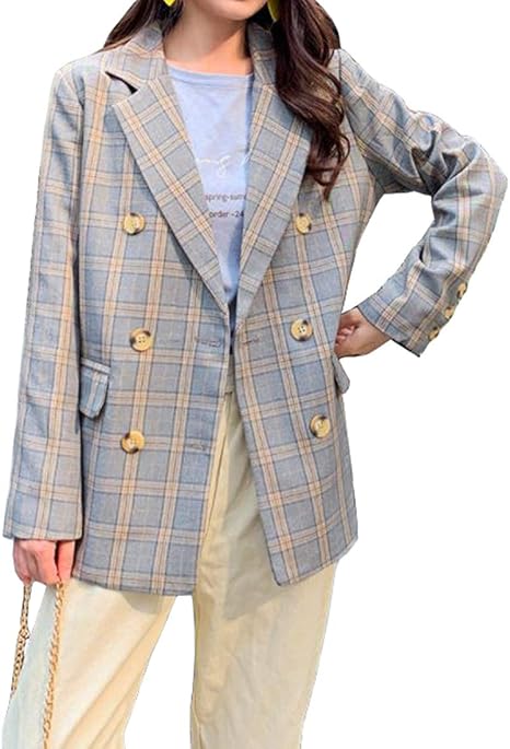 Amazon えみり レディース ジャケット スーツウェア ブレザー 長袖 フォマール チェック柄 厚手 春秋 通勤 ゆったり ダブル ファッション ビジネス エレガント 4xl コート ジャケット 通販