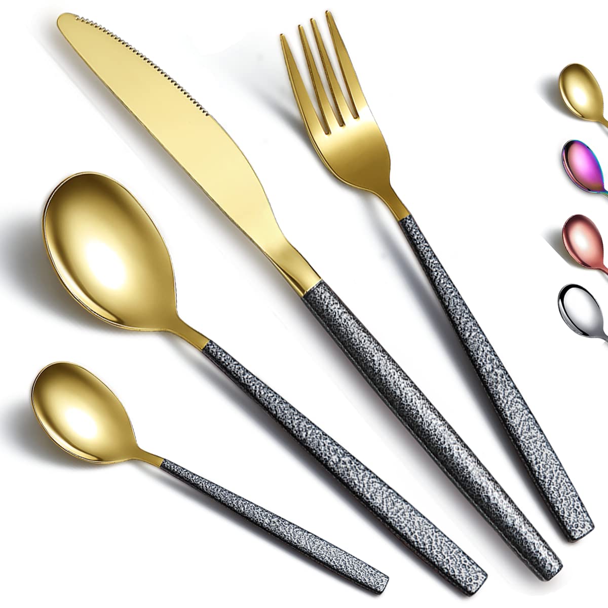 Kyraton Cutlery Set 16 Pieces with Moon Surface Black Handle and Shiny Gold Mouth Titanium Coating Stainless Steel Modern Cutlery Set Utensils Set Service for 4