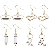 QLUYCKW 4 Pairs Nurses' Day Earrings for Nurse Doctor Creative Medical Stethoscope Syringe Dangle Earrings Red Cross Nurse Cap Earrings Nurses Day Themed Charm Jewelry