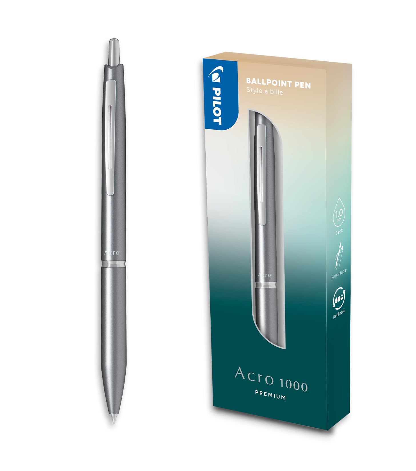 PILOT - Acro 1000 premium Ballpoint Pen in Silver Gift Box - Ultra-Smooth Ink for Unmatched Writing Fluidity - Refillable and retractable Ballpoint Pen - Black Ink - Medium Tip