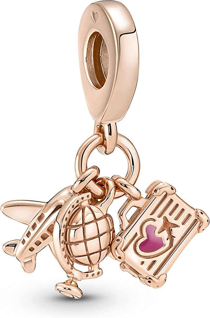 Pandora Moments Airplane, globe and suitcase 14k rose gold-plated dangle with pink enamel