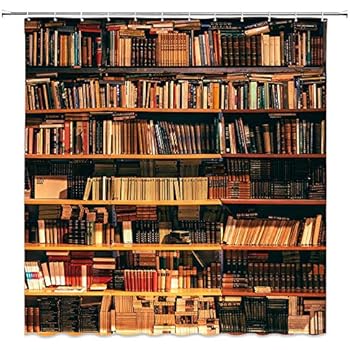 AMNYSF Library Shower Curtain Book Case with Books Bookshelf Bookworm Decor Fabric Bathroom Curtains,70x70 Inch Waterproof Polyester with Hooks