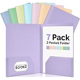 Sooez 7Pack Folders with Pockets, Pastels Colors, Heavy Duty Pocket Folder | Plastic Folders with Pockets, 2-Pocket Folder Bulk, Aesthetic File Folder, Back to School Office Filing Supplies