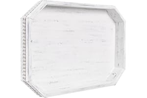 MAONAME Wood Serving Tray, Farmhouse Wooden Tray for Coffee Table, Octagonal Beaded Trays, Vintage White Decorative Trays for Living Room, Kitchen, 15.7" X 10.2" X 1.6"