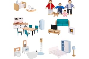 OOOK Wooden Dollhouse Furniture Set for Kids, 26 Pcs Dollhouse Accessories with 4 Family Dolls and Dog, Miniature Doll House 