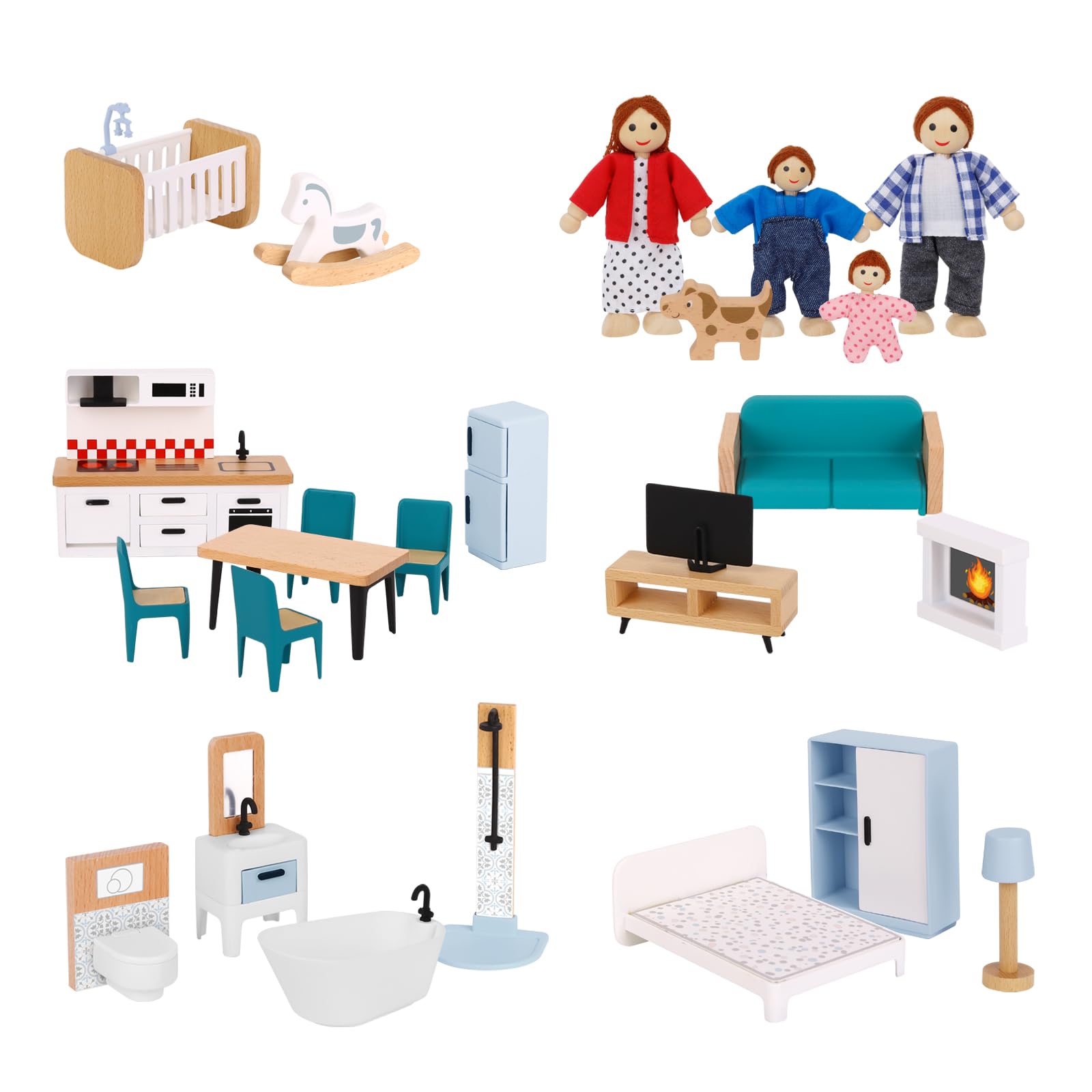 OOOK Wooden Dolls House Furniture Set, 26 Pcs Doll House Accessories with 4 Family Dolls and Dog, Miniature Dollhouse Furniture Toys Pretend Play Set for Girls Boys Age 3+