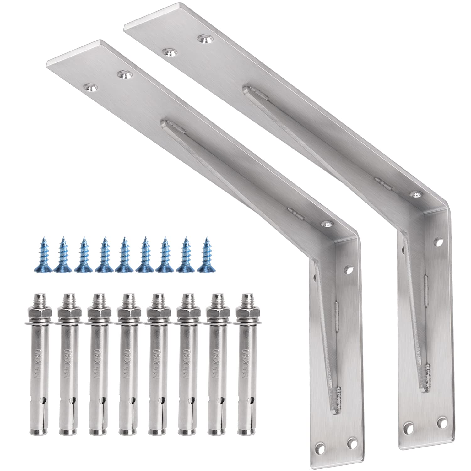 YUMORE Countertop Support Brackets 350x200x50mm,5mm Thick Heavy Duty L Shelf Bracket Stainless Steel Wall Mounted Support for DIY Open Shelving, 2 Pack, with Metal Wall Plug & Screws