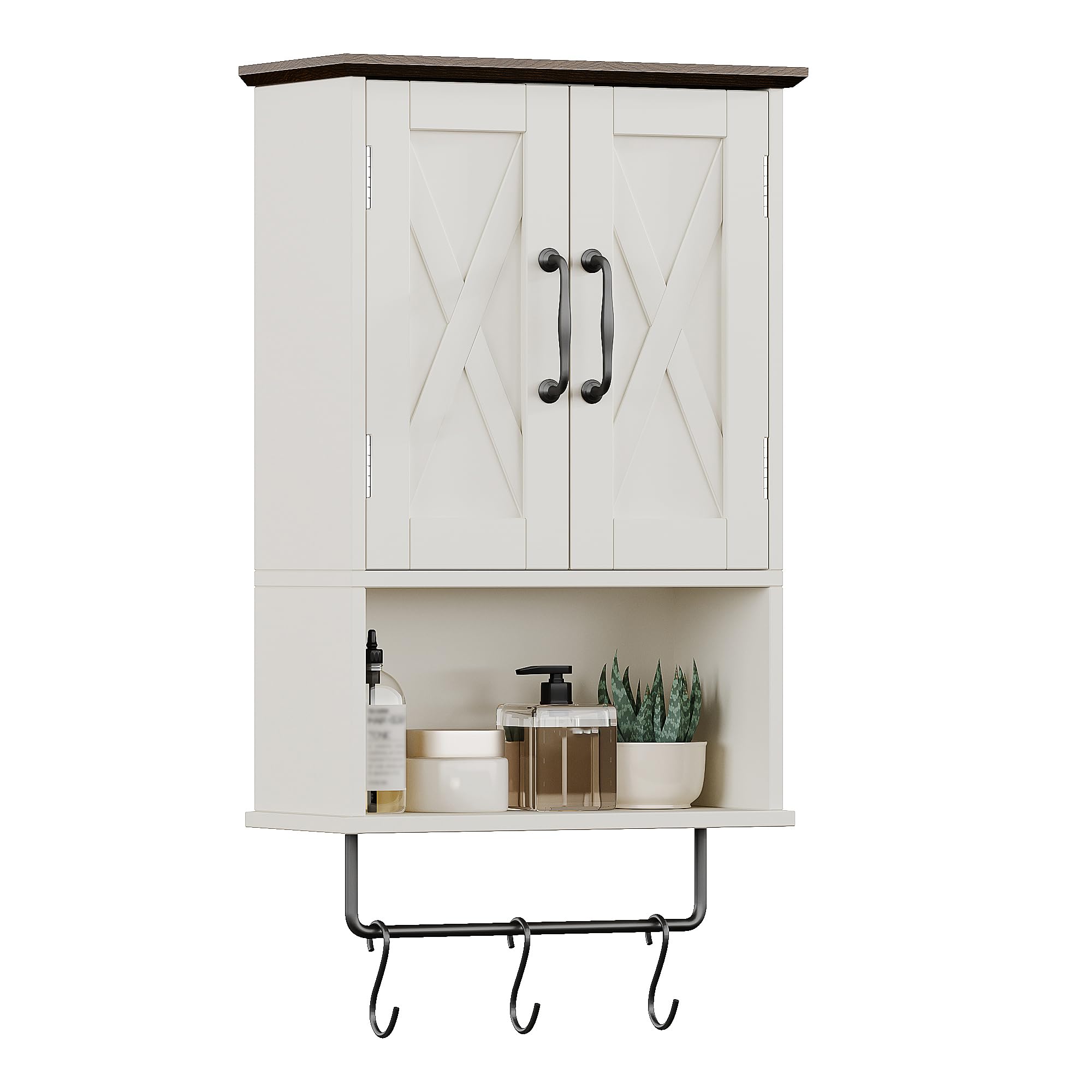 View 1 of ****FINAL SALE NOT RETURNS****MISSING HAREWARE 
ChooChoo Farmhouse Medicine Cabinet, Bathroom Wall Cabinet with Adjustable Shelf, Towel Bar, 3 Hooks, Over The Toilet Storage Cabinet for Bathroom, Kitchen, Antique White & Brown