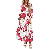 Wenrine Womens Maxi Shirt Dress Casual Floral Collared 3/4 Long Sleeve Drawstring Waist Fall Button Down Dresses