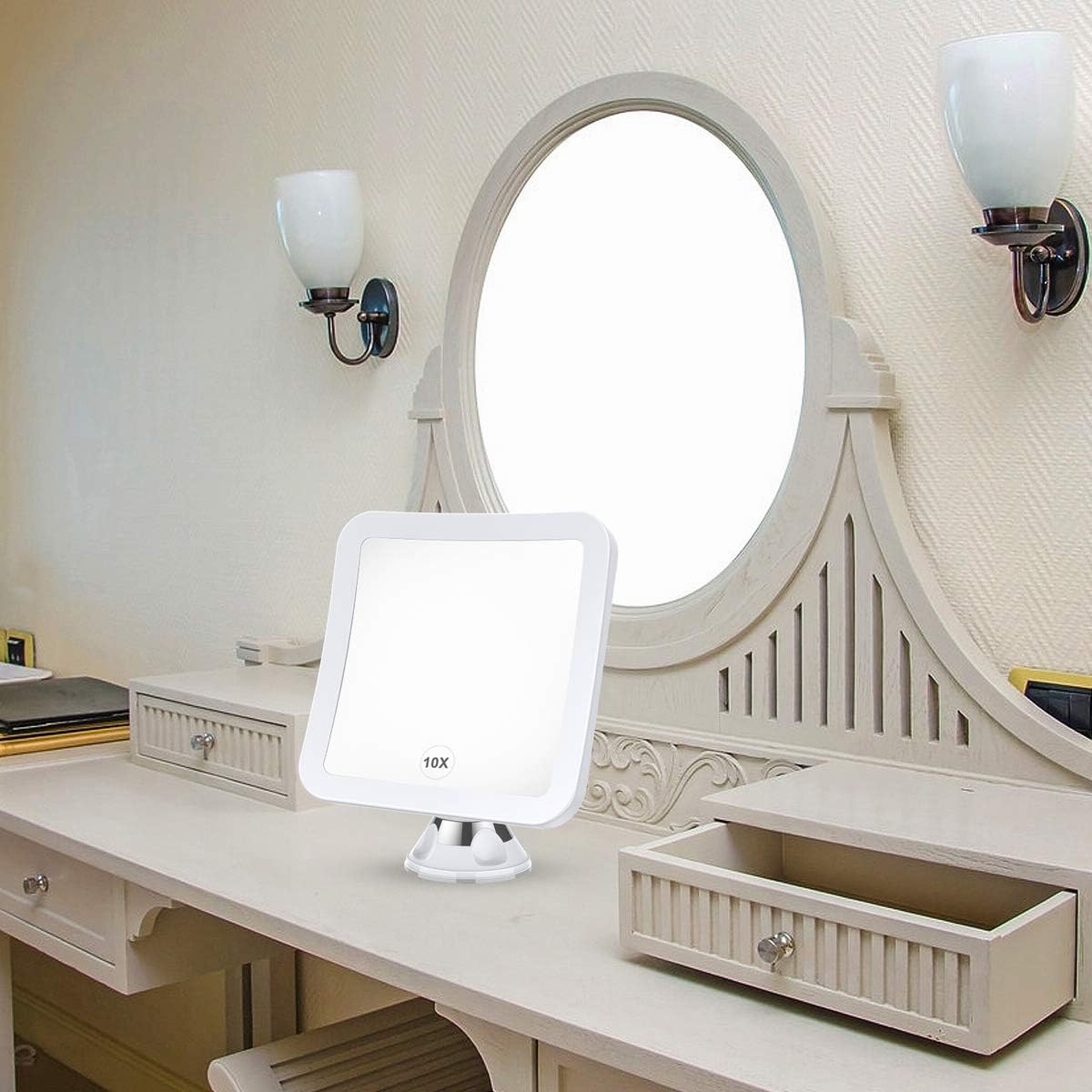 2020 Upgraded 10x Magnifying Lighted Makeup Mirror with Natural White LED Lights, 360°Swivel Portable Cordless Makeup Mirrors with Locking Suction Base for Home Bathroom Shower and Travel: Furniture & Decor