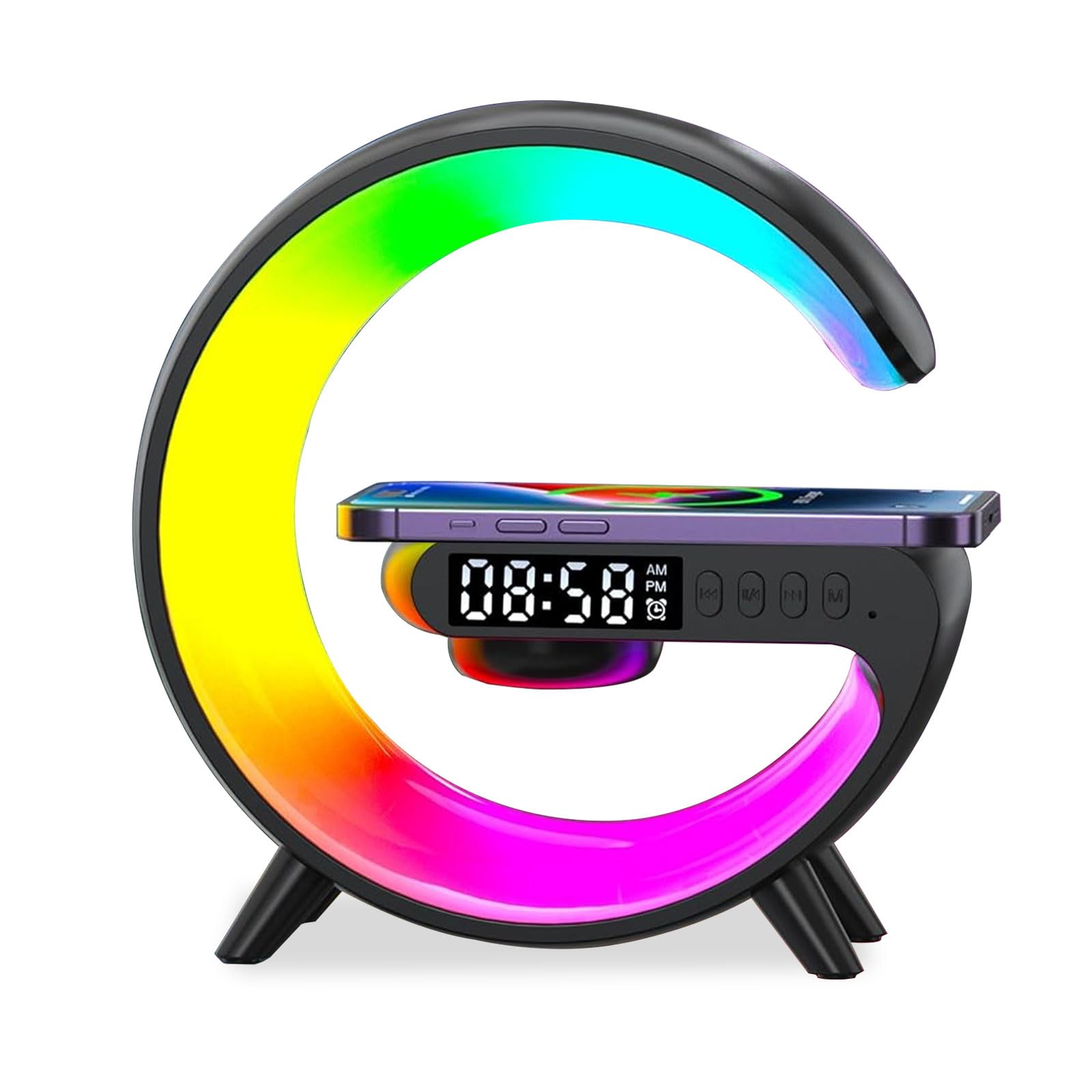 Les-Theresa G Light Wireless Charger Bluetooth Speaker Bedside Lamp Wireless Charger Light, G Atmosphere Lamp with Alarm Clock Bluetooth Speaker Lamp for Home Office Gifts (Black)