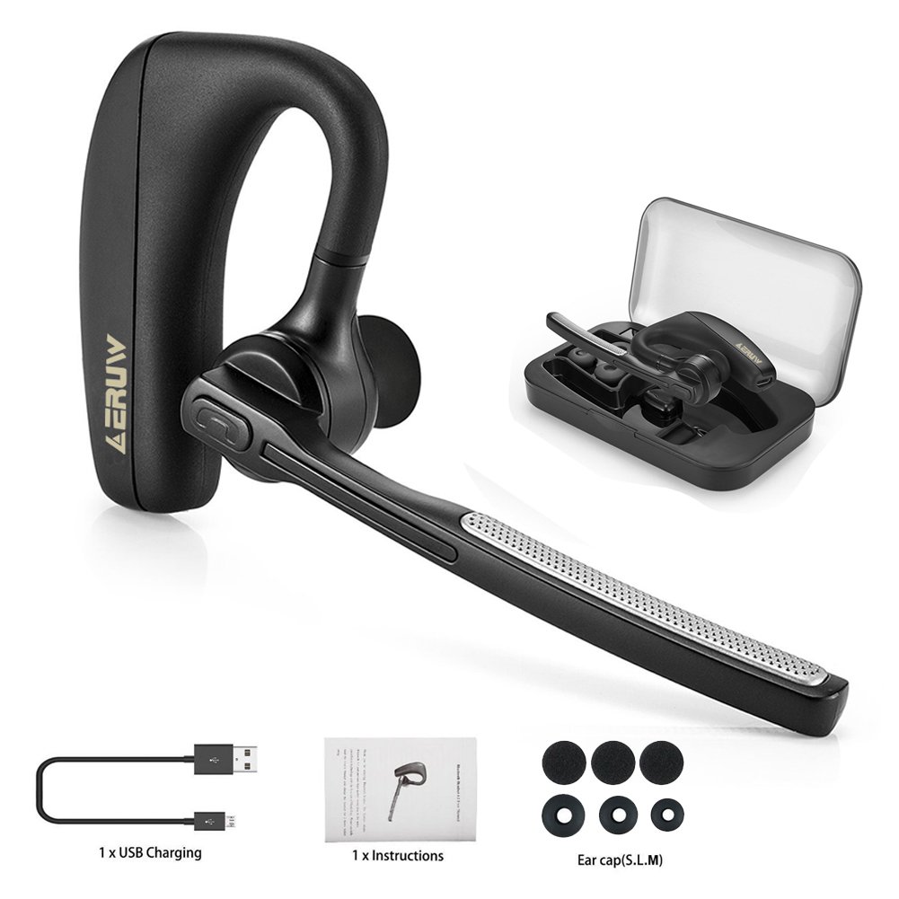 Bluetooth Headset, Handsfree Bluetooth 4.1 Headset Earphone for Business Trucker, Wireless Headphone Bluetooth Earpiece Compatible for iPhone Android Cellphone (Black-K10)