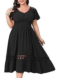 HICISI Plus Size Summer Dress V Neck Smocked High