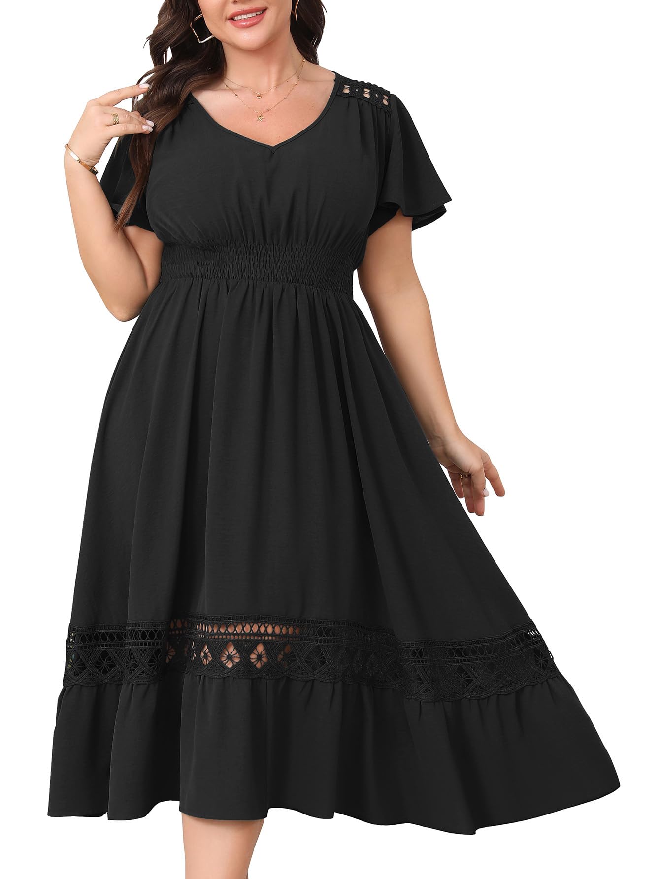 HICISI Plus Size Summer Dress V Neck Smocked High
