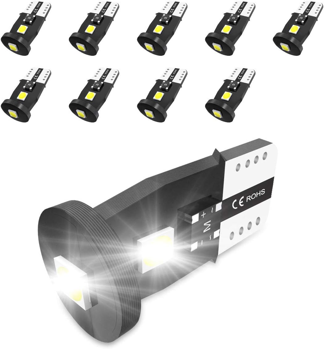 194 LED Bulbs Non-Polarity Xenon White 6000k T10 168 2825 W5W LED Replacement Bulbs for Car Dome Map Door Courtesy License Plate Lights 10PCS.