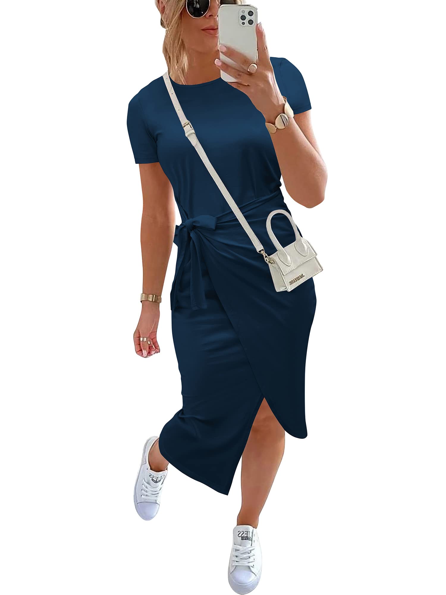 Photo 1 of NOLLSOM Women Casual Sleeveless Striped Tank Midi Dresses Halter Neck Ruched Bodycon Dresses Tie Waist T Shirt Summer Dress(Tie Dark Blue,Large)