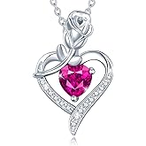 AGVANA Valentines Day Gifts Rosy Reverie Birthstone Necklace for Women Sterling Silver Genuine or Created Gemstone Rose Flower Heart Pendant Necklace Anniversary Birthday Gifts for Women Mom Wife Her