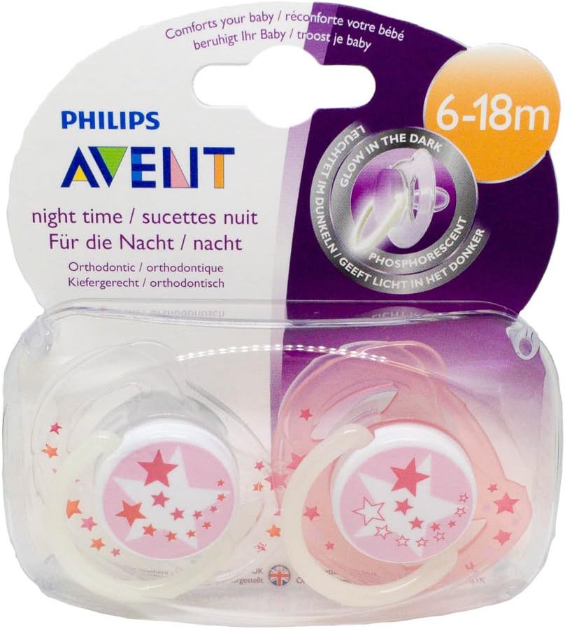 Avent Night Time Soother Twin Pack 6-18m (Pink Stars)