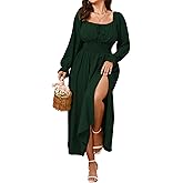 SHESTARR Women's Plus Size Dress Long Sleeve Smocked Dress Square Neck Tie Front Split A-Line Maxi Long Dresses