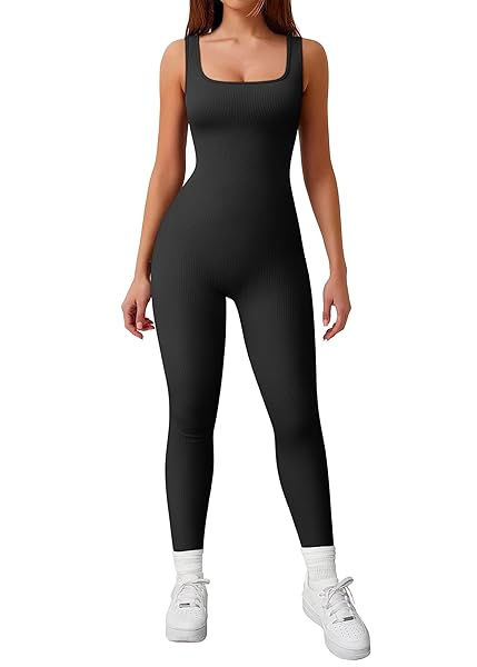 GXIN WOMEN’S YOGA RIBBED TANK TOP JUMPSUIT GYM SLEEVELESS ONE PIECE FASHION JUMPSUITS BLACK