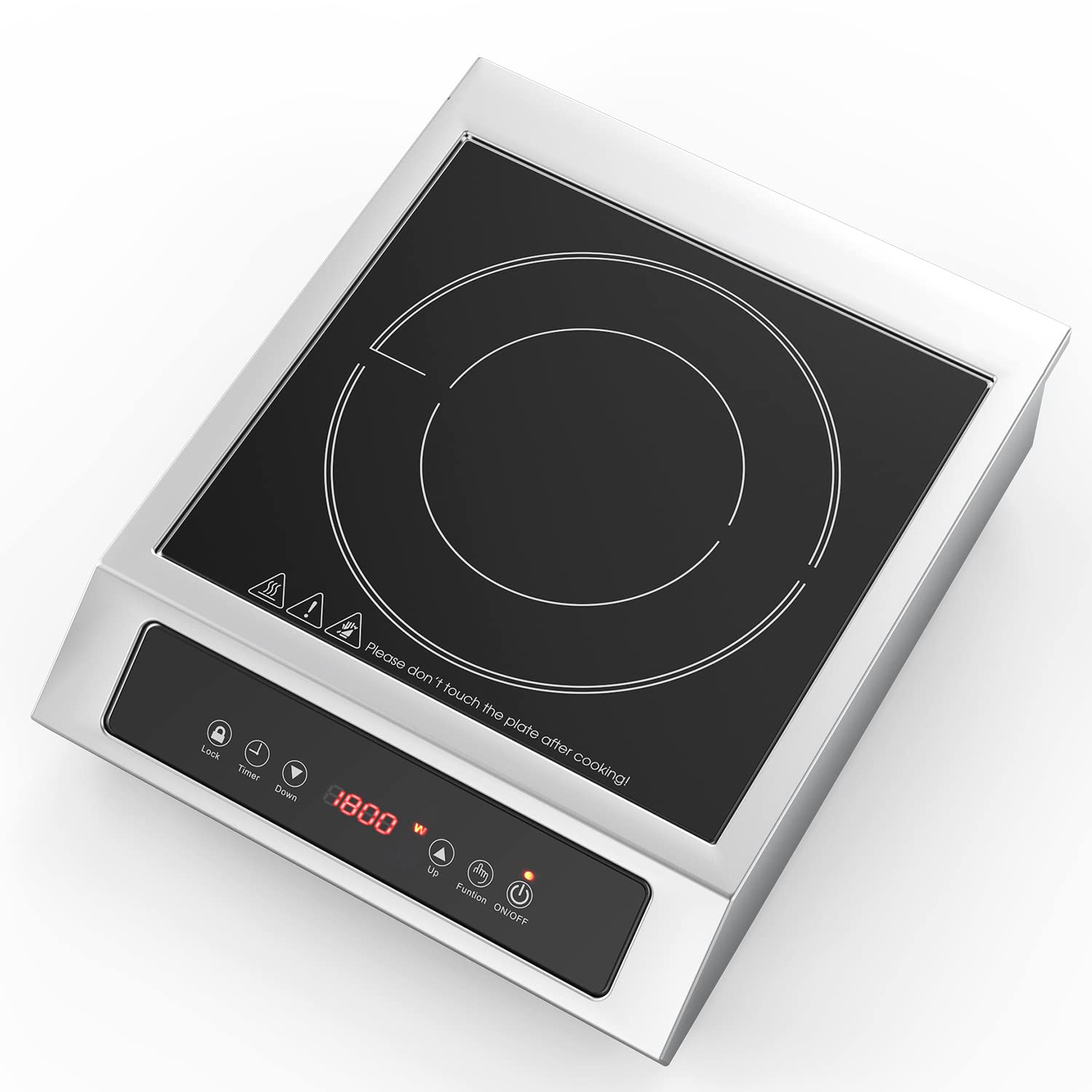1800W Professional Commercial Induction Cooktop: 120V Stainless Steel Countertop Burner for RV, Small Restaurant, Catering Kitchen - Portable Hot Plate with 3-Hour Timer, Touch Panel