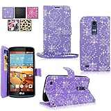 LG Leon / LG Tribute 2 LS665 Case - Cellularvilla Diamond Glitter Pu Leather Wallet Flip Open Pocket ID Card Holder Slots Case Pouch Cover with Wrist Strap for LG Tribute 2 LS665 Leon C40 (Purple Glitter)