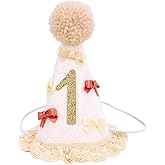Goktvai Pink Boho 1st Birthday Hat for Girls, Gold Glitter 1 Birthday Crown with Bows Lace Trim One Baby Cone Headwear Outfit for First Birthdays Cake Smash Photo Prop Baby Shower Party Decorations