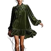 Women's Tie Neck Velvet Babydoll Dress Elegant Long Sleeve Ruffle Hem Casual Beach Flowy Cocktail Party Mini Dresses