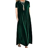 Kemanl Velvet Dress for Women Spring Maxi Dress 2026 Plus Size Short Sleeve Velvet Casual Loose Elegant Crew Neck with Pocket