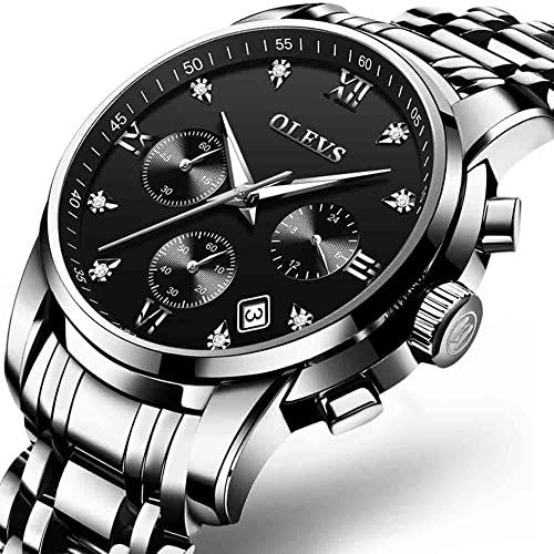 OLEVS 2018 New Sports Men Watch Automatic Date Fashion Full Stainless Steel Men's Watches Crystal Diamond Dial Scale Wrist watch Business Mens Sport Wristwatch Waterproof Black