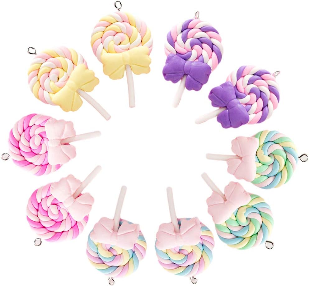 Heflashor 10Pcs Lollipops Fake Colorful Polymer Clay Lollipops Pendant Charms Keychain Pendant Lollipop Candy Embellishment for DIY Craft Supply