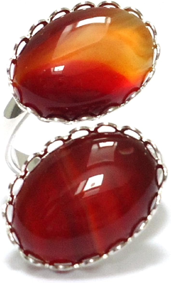 Vintage Style Silver Plated Adjustable Two Stone Carnelian Agate Gemstone Bezel Ring