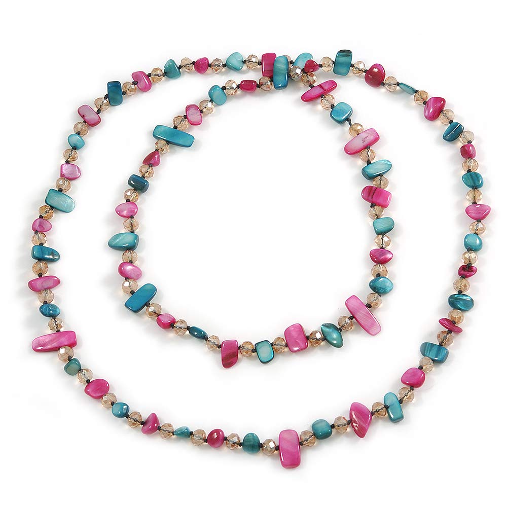 Avalaya Long Teal, Magenta Shell/Light Beige Glass Crystal Bead Necklace - 115cm L