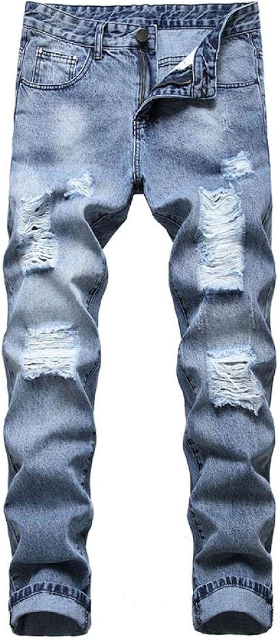 Amazon ノンストレッチコットンメンズデニムジーンズパンツファッションプラスサイズパンツメンズ破れたジーンズロングホール台無しカジュアルパンツ Light Blue 40 ジーンズ 通販