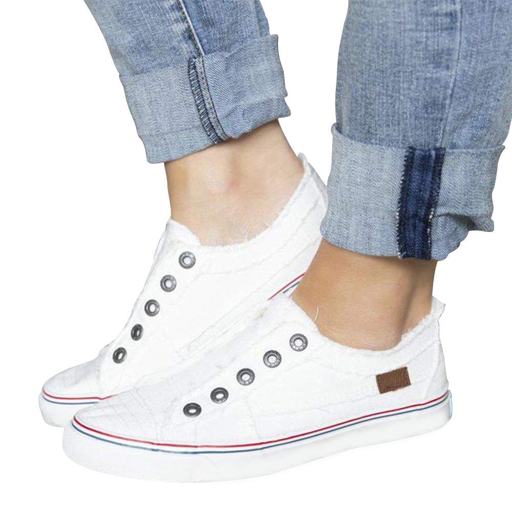 FIRENGOLI Saralove Women\'s Fashion Sneakers Slip On Distressed Canvas Shoes Walking Flats Comfort Sneakers Shoes (5 UK,White Canvas)