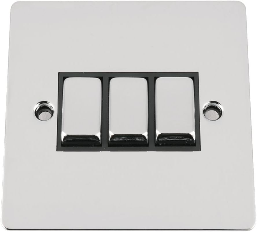 Light Switch 3 Gang 2 Way 10A -Polished Chrome -Flat -Black Insert -Metal Rocker Switch
