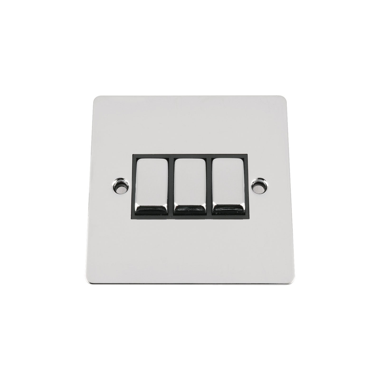 Light Switch 3 Gang 2 Way 10A -Polished Chrome -Flat -Black Insert -Metal Rocker Switch