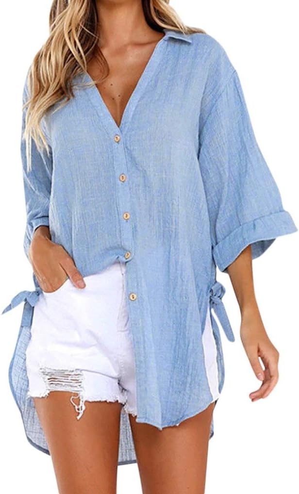 Womens Summer Loose Button Long Shirt Dress Cotton Ladies Casual Tops T-Shirt Blouse