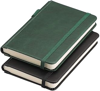 RETTACY Pocket Journal Notebook, 2-Pack, 160 Numbered Lined Pages per Pack, A6 Mini Small Size (3.5" × 5.5"), for Work, Journaling, Leather Hardcover, 100 GSM Thick Paper (Black & Dark Green)