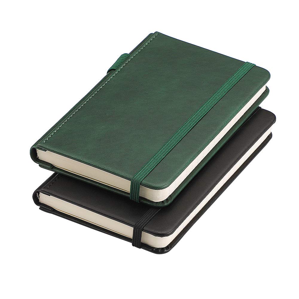 RETTACY Pocket Journal Notebook, 2-Pack, 160 Numbered Lined Pages per Pack, A6 Mini Small Size (3.5" × 5.5"), for Work, Journaling, Leather Hardcover, 100 GSM Thick Paper (Black & Dark Green)