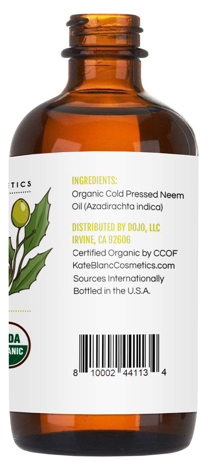 Neem Oil (4oz) by Kate Blanc. USDA Certified Organic, Virgin, Cold Pressed, 100% Pure. Great for Hair, Skin, Nails. Natural Anti Aging Moisturizer. 1-Year Guarantee : Beauty