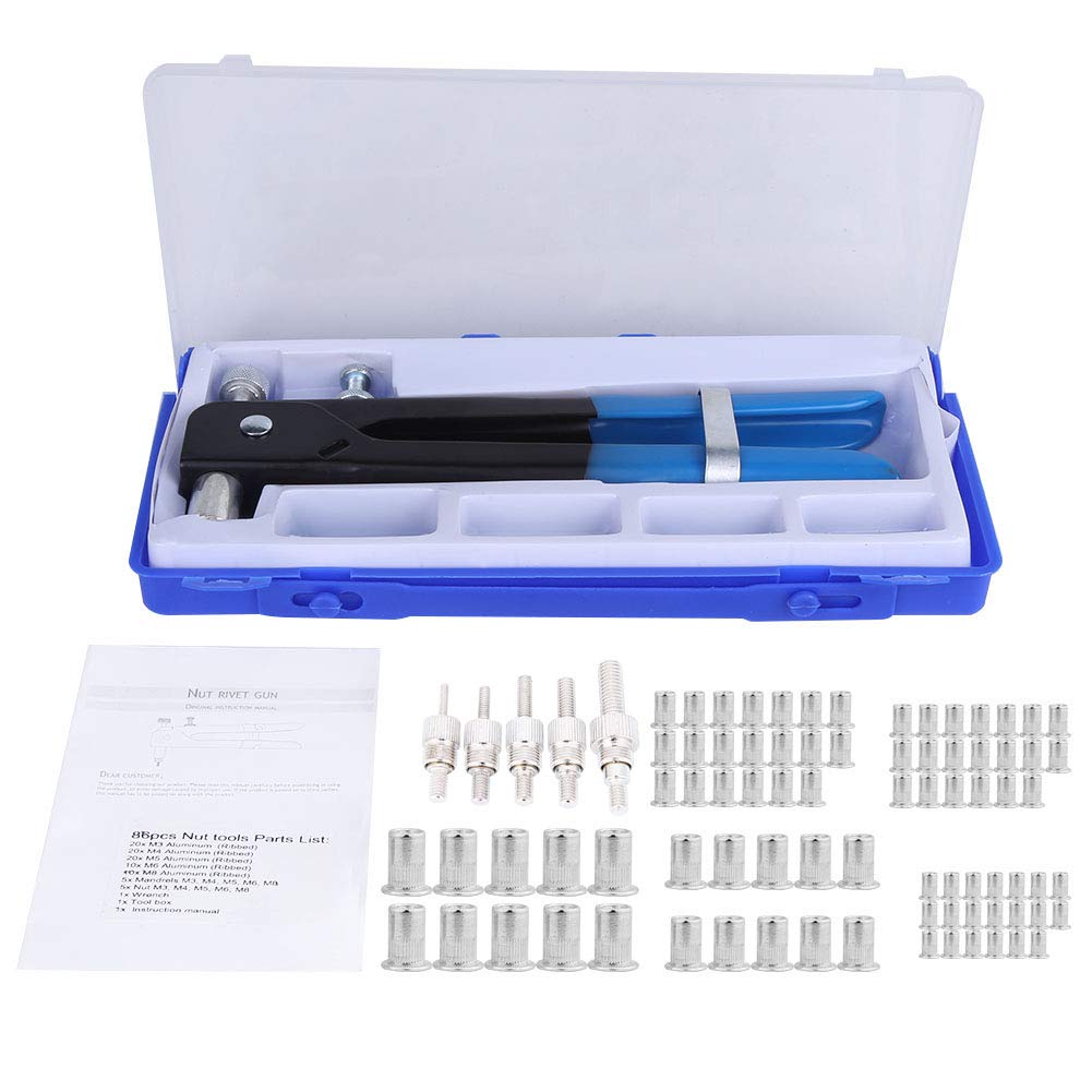 86Pcs Heavy Duty Hand Riveter Kit Rivet Nut Gun, Rivet Nut Tool Kit Set, Blind Rivet Nut Hand Riveter Gun Wrench Threaded Insert Rivnut Nutsert Tool Kit, M3/M4/M5/M6/M8