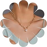 Allereyae Vintage Pearl Pendant Necklace Boho Pearl Circle Necklace Single Pearl Choker Necklace Gold Paperclip Chain Necklace Jewelry for Women