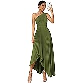 Hdsmfos One Shoulder Satin Bridesmaid Dresses with Slit for Women Long Pleated Formal Wedding Guest Dress