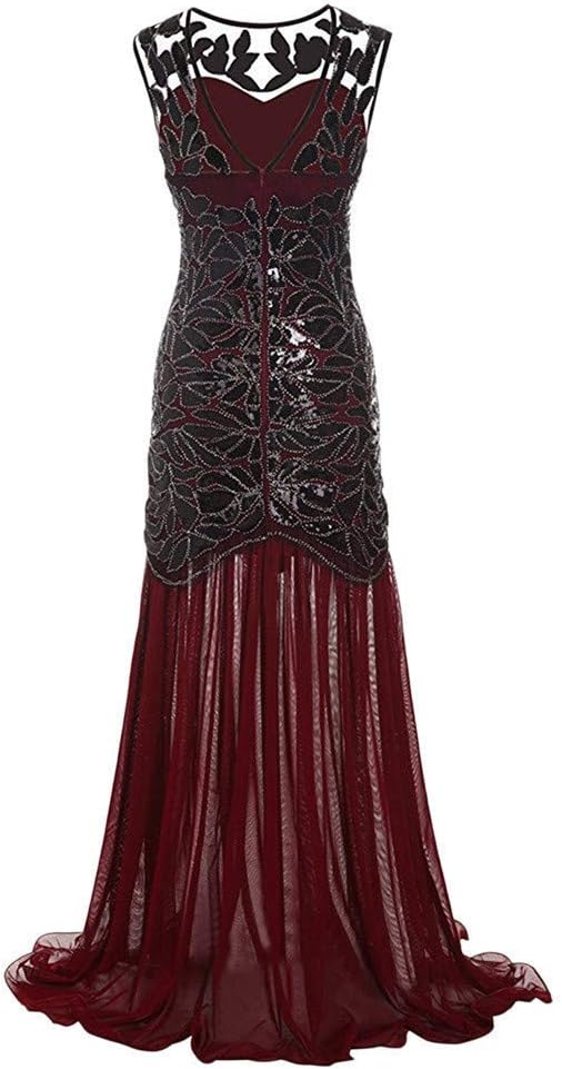 Women Vintage 1920s Sequined Patchwork Sleeveless Maxi Long Evening Prom Dress