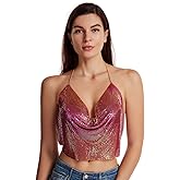 Women Metal Sequin Sparkle Glitter Tank Deep V Neck Spaghetti Strap Backless Chain Halter Crop Tops Party Blouse