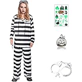 6 Pcs Men Adult Jail Prison Outfit Prisoner Costume Pant Suit Halloween Black White Striped Convict Inmate Uniform
