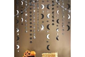 Cheerland Black Silver Moon Decoration Star and Gothic Christmas Decor Garland for Twilight Birthday New Year Eve Party Grunge Glitter Star Banner Celestial Wedding Baby Shower Ramadan Eid Mubarak